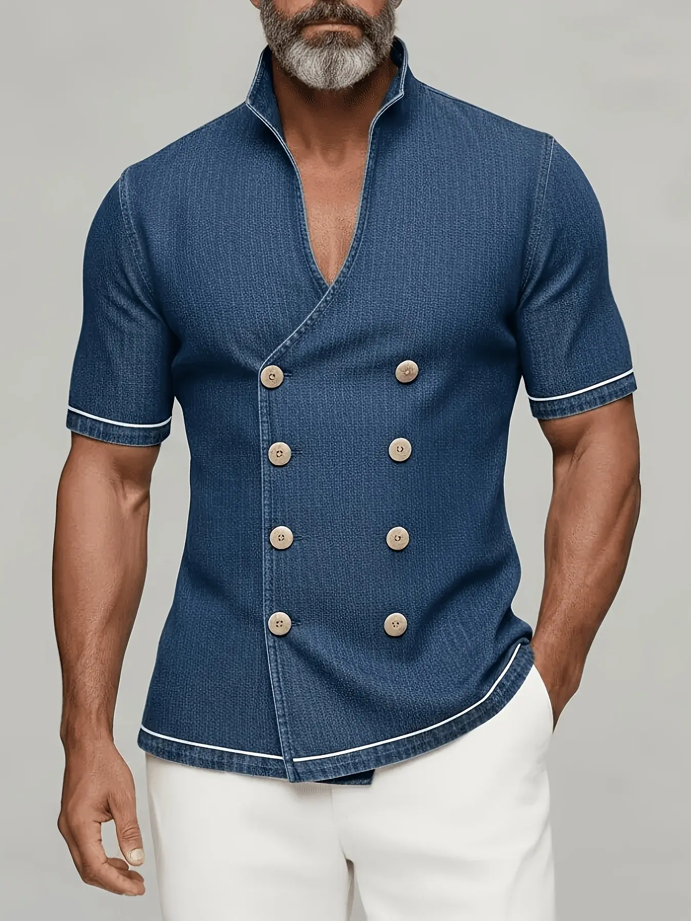 Ainwear Men Stand-Collared Double-Breasted Short Sleeve Shirt, -Piping Casual V-Neck Button Blouse Top, Floral Pattern