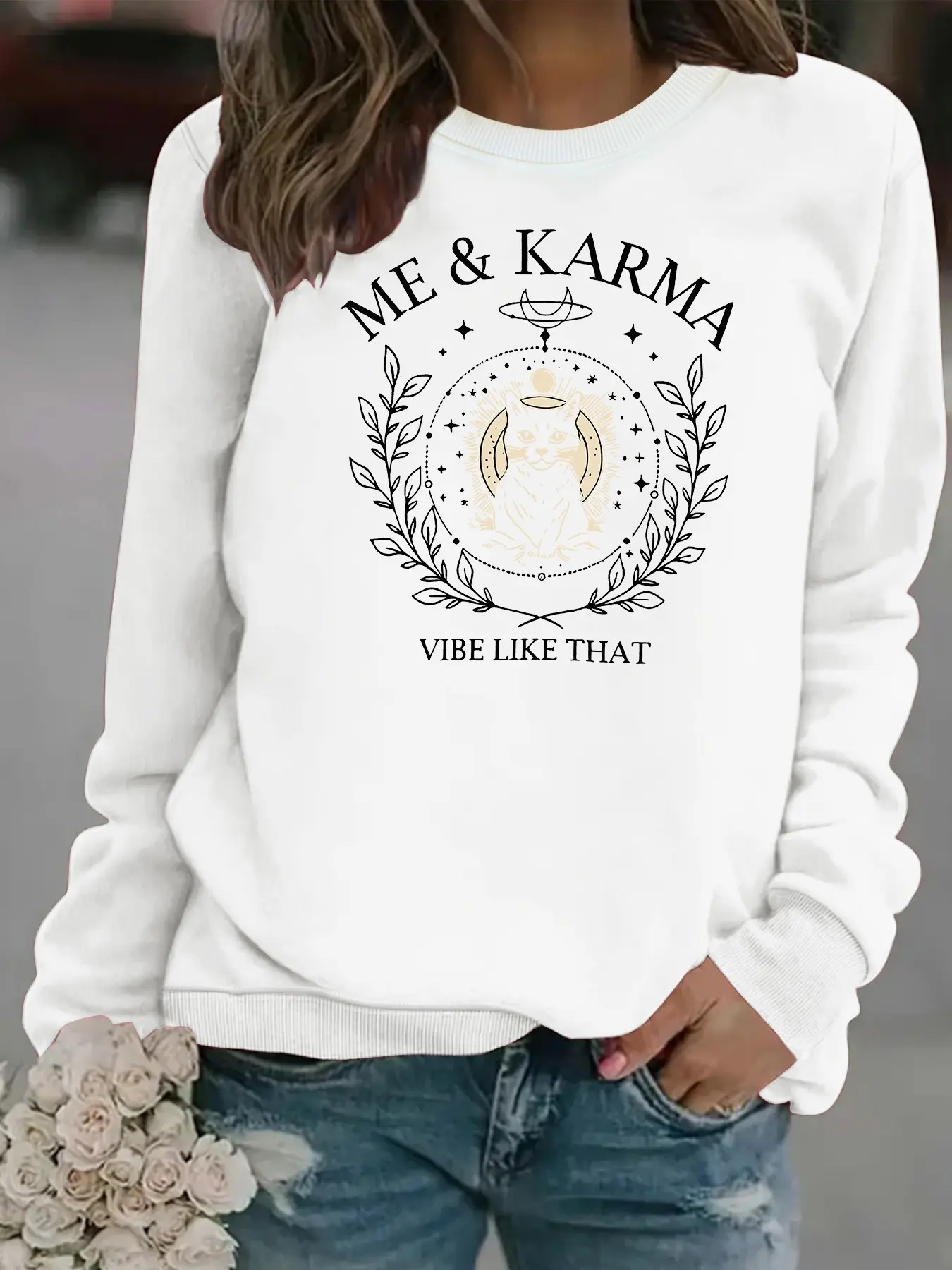 Women's Casual Me Karma Cat Pattern Sweatshirt, Soft Long Sleeve Round Neck Fleece Pullover, Durable Fabric