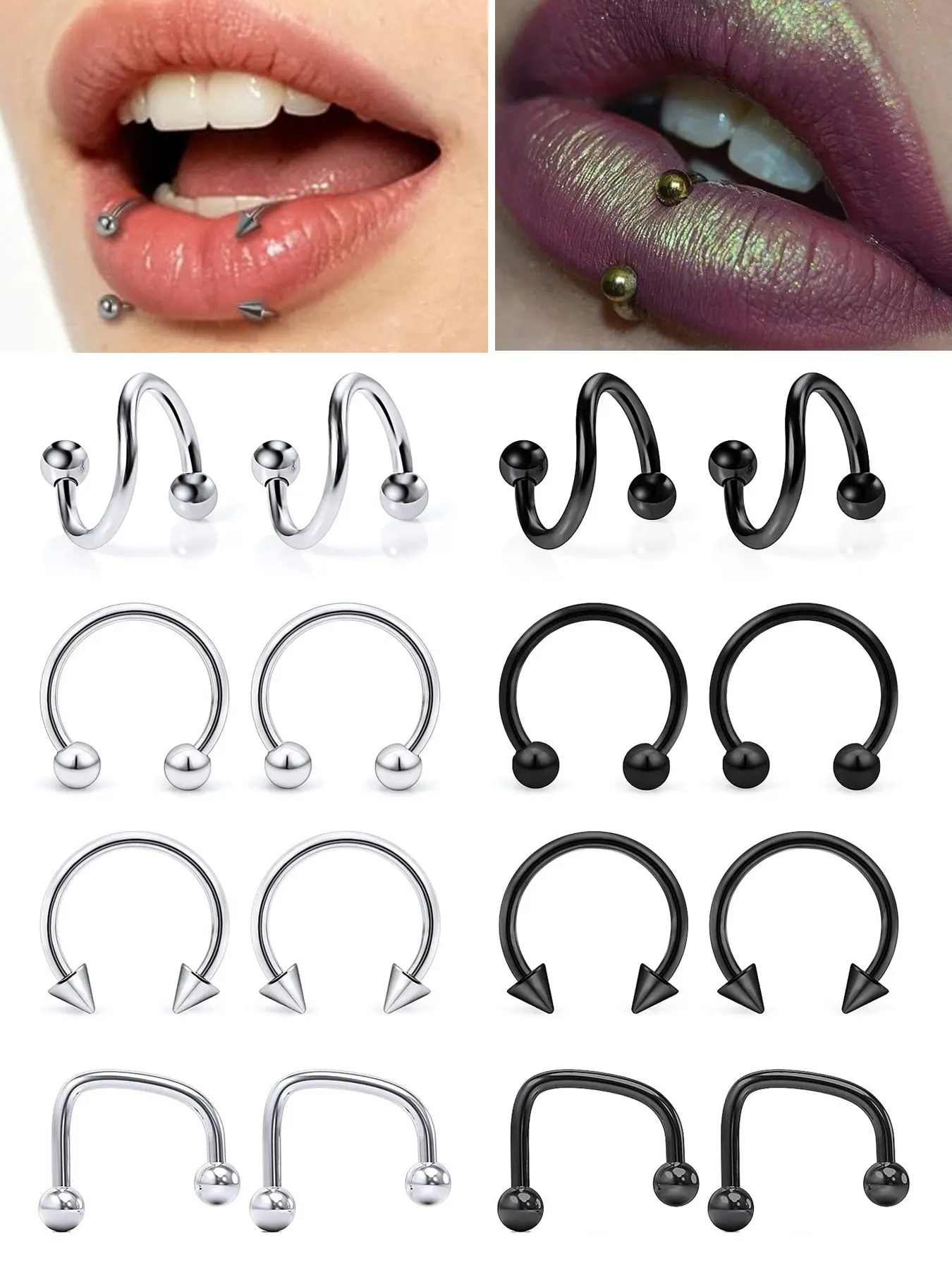 Stainless Steel Lip Rings, 16g Snake Bite Piercing Jewelry, Labret, Medusa, Spiral Barbells, Helix, Tragus, Hoops, Horseshoe, Septum, Cartilage Piercings