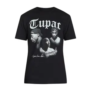 Vintage Gothic Font Tupac Three Portrait Collage Signature Graphic Crew Neck Short Sleeve Casual Hip Hop Rap Music Fan Tee Tops