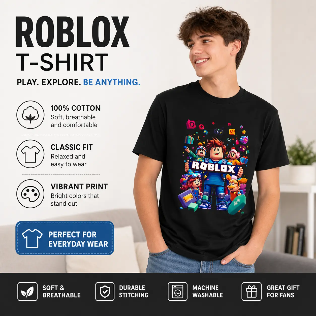 Roblox Themed Cotton Graphic Tee - Men's/Women's Short-Sleeve Crewneck Streetwear, Cool Gaming Y2K Casual Comfort Top, Trending Outfit Gift (Automotive Menswear Long Shorts Add-On Option)