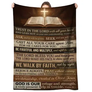 Vintage Wood Plank Multi Scripture Open Bible Cross Religious Fleece Throw Blanket, Christian Faith Decor Blanket for Sofa, Bed, Church & Religious Gift 0603Y11