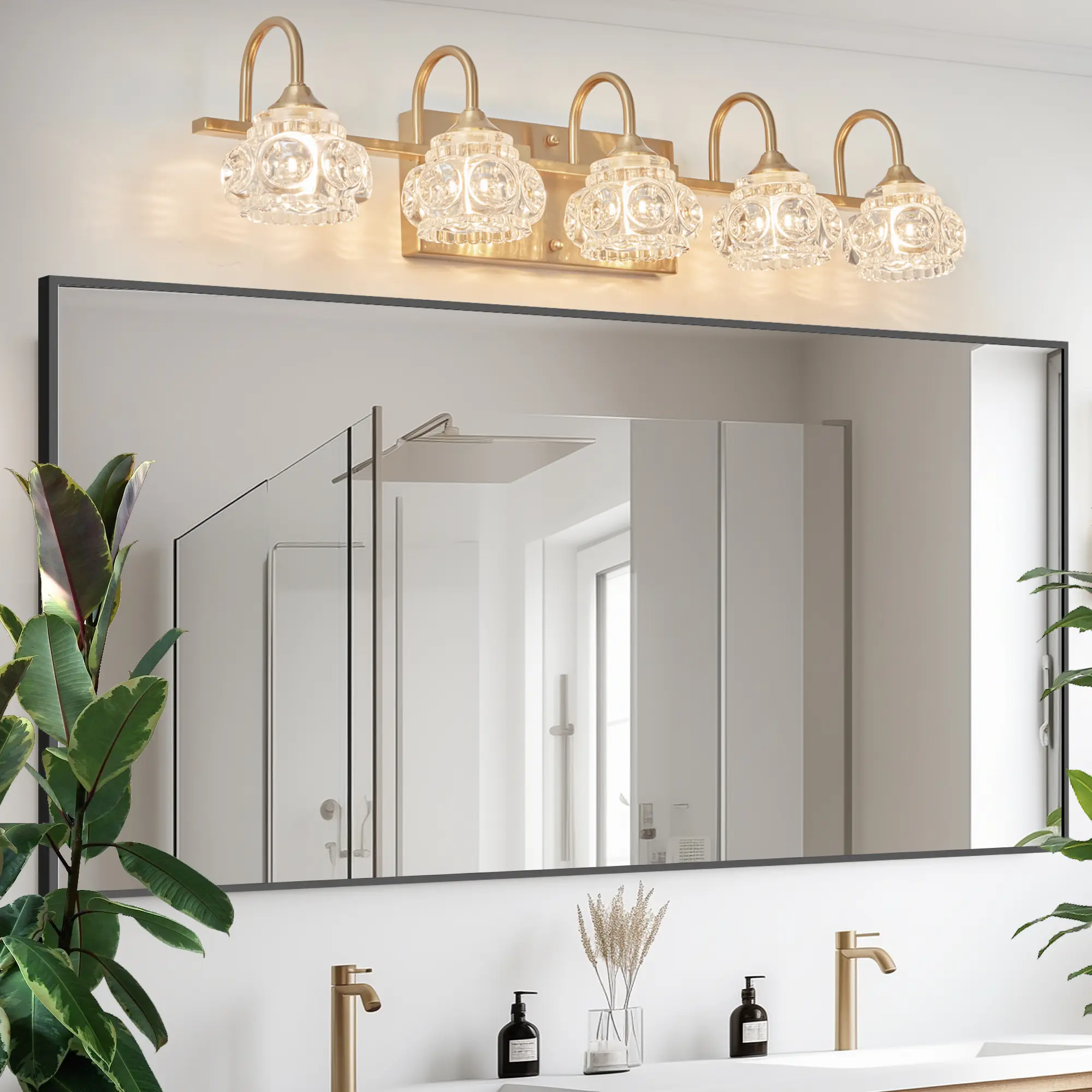 Modern Crystal Bathroom Vanity Light, 5-Light Gold Wall Sconce with Clear Glass Shades, Luxury Mirror Light Fixture for Bathroom & Bedroom, G9 Bulbs Not Included