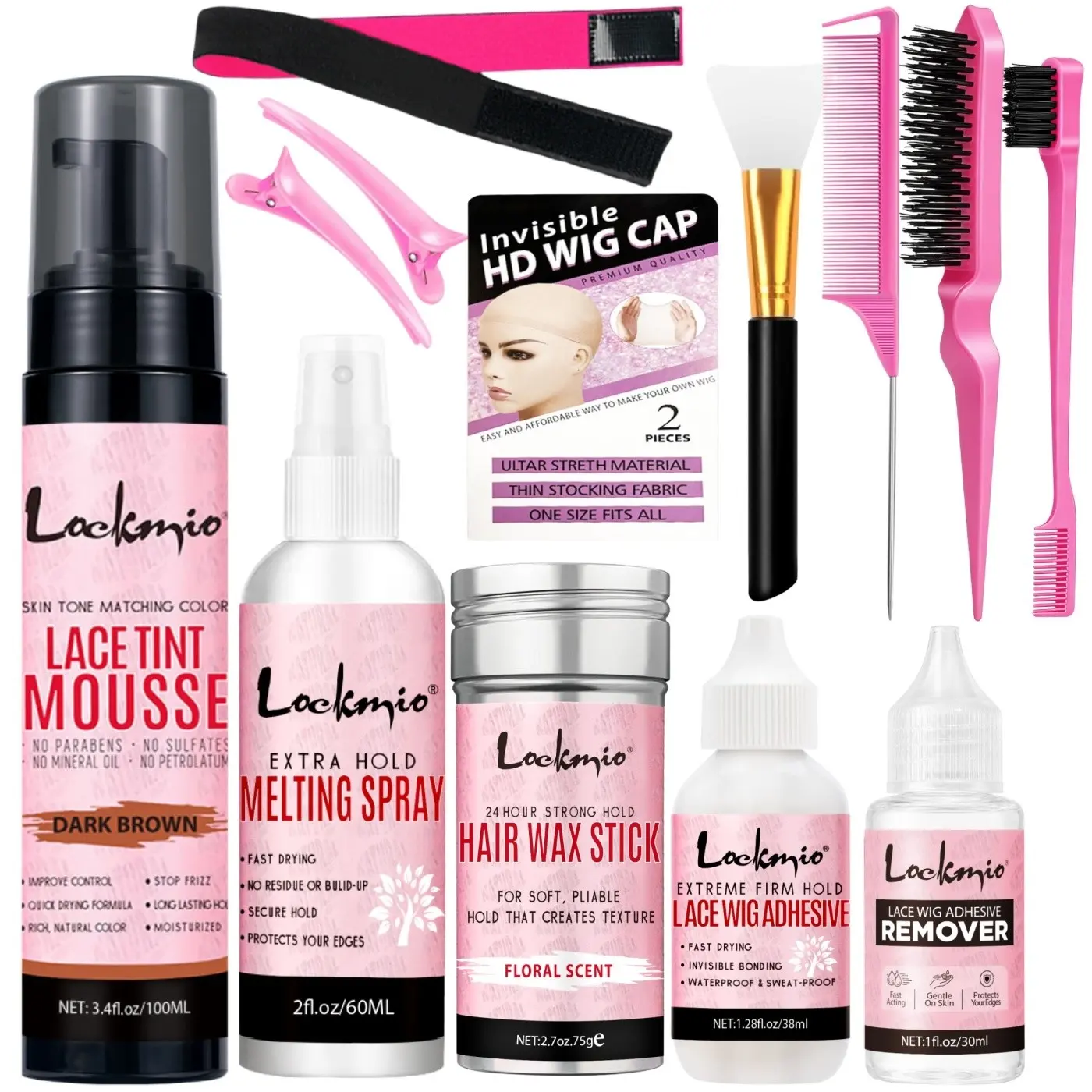 13Pcs Wig Install Styling Kit Lace Tint Mousse, Lace Melting Spray Wig Glue & Remover, Edge Control Wax Stick, Silicone Brush, Rat Tail Comb, Edge Brush, HD Lace Cap for Secure Wig Edge Hold