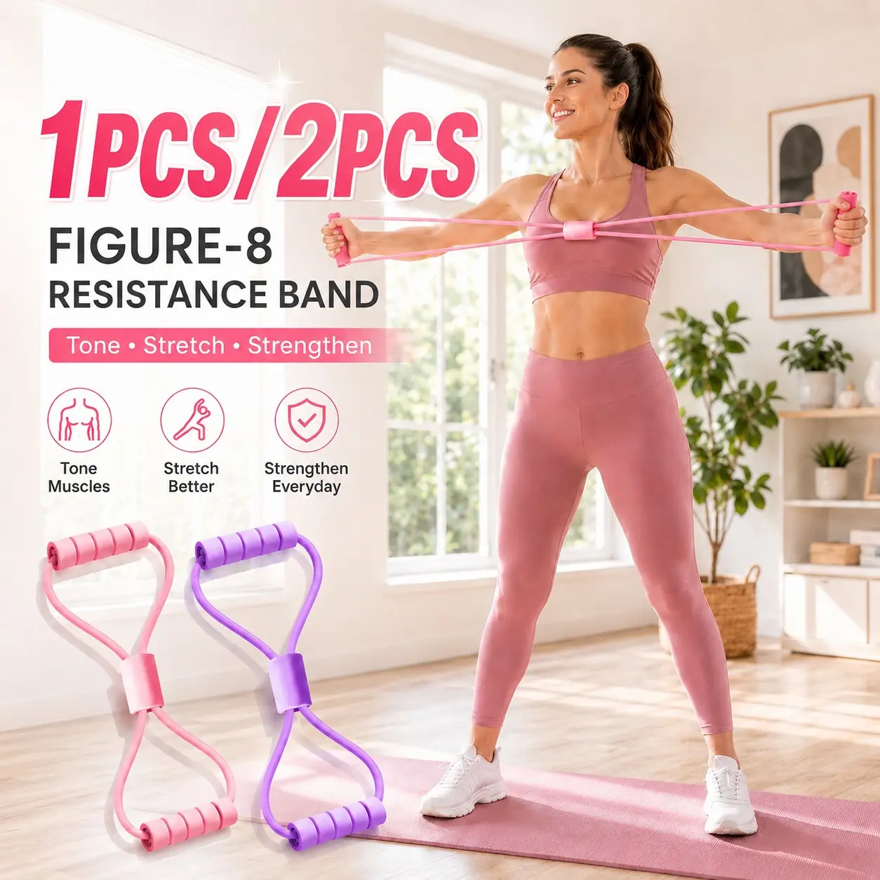 Home Fitness 8-Shape Resistance Band Yoga Training Rope, Back Stretch, Chest Expansion, Arm Leg Workout Tool, Portable Pilates Equipment