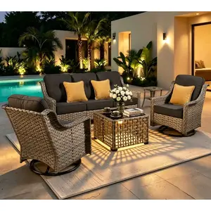 5-Piece Outdoor Patio Furniture Set with 3-Seat Sofa & Swivel Rocking Chair, All-Weather Wicker Rattan Conversation Set with Solar LED Coffee Table for Backyard, Porch & Poolside