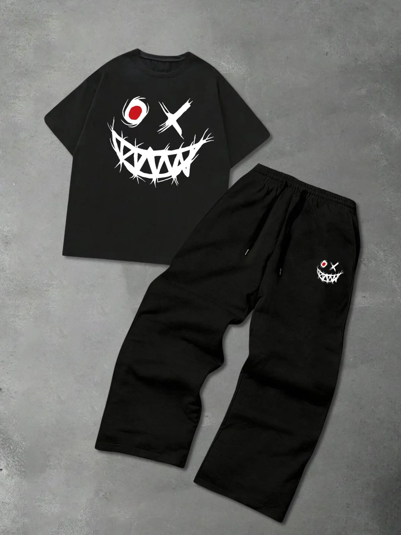 Men's Suit: Dark Thorns Demon Smiley Face Short-Sleeve Set, High Street Graffiti Print Loose T-Shirt and Wide-Leg Sweatpants Two-Piece Set