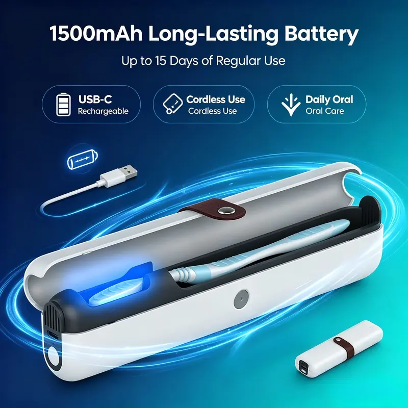 Portable UV-C Toothbrush Sanitizer Case, Rechargeable Travel Sterilizer Box for Toothbrushes & Chopsticks, 99.99% Disinfection Rate, Home Supplies Storage Box for Business Trips & Camping Oral Care Gifts