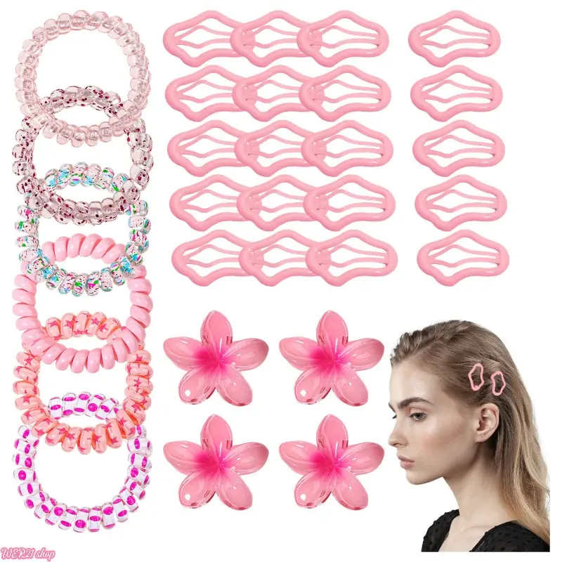 Dopamine Summer Spring Hair Accessory Bundle | Viral 2026 Gradient Jelly Telephone Cord Hair Ties, Frangipani Flower Claw Clip Set, Bright Cute Girly Head Decor for Vacation Beach OOTD Teen Girls Holiday Gift