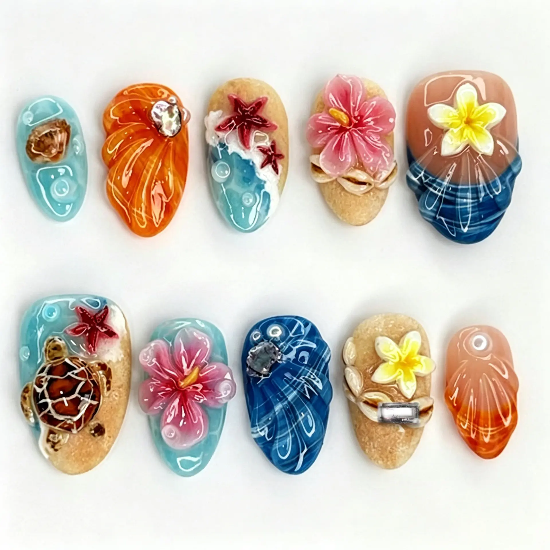 Viral Fall Coastal Vibe Press On Nails 3D Sea Turtle Pink Flower Almond Shape Shell Pearl French Tip Reusable Acrylic Fake Nails Natural Fit For Women Vacation Daily Wear Main Character Energy