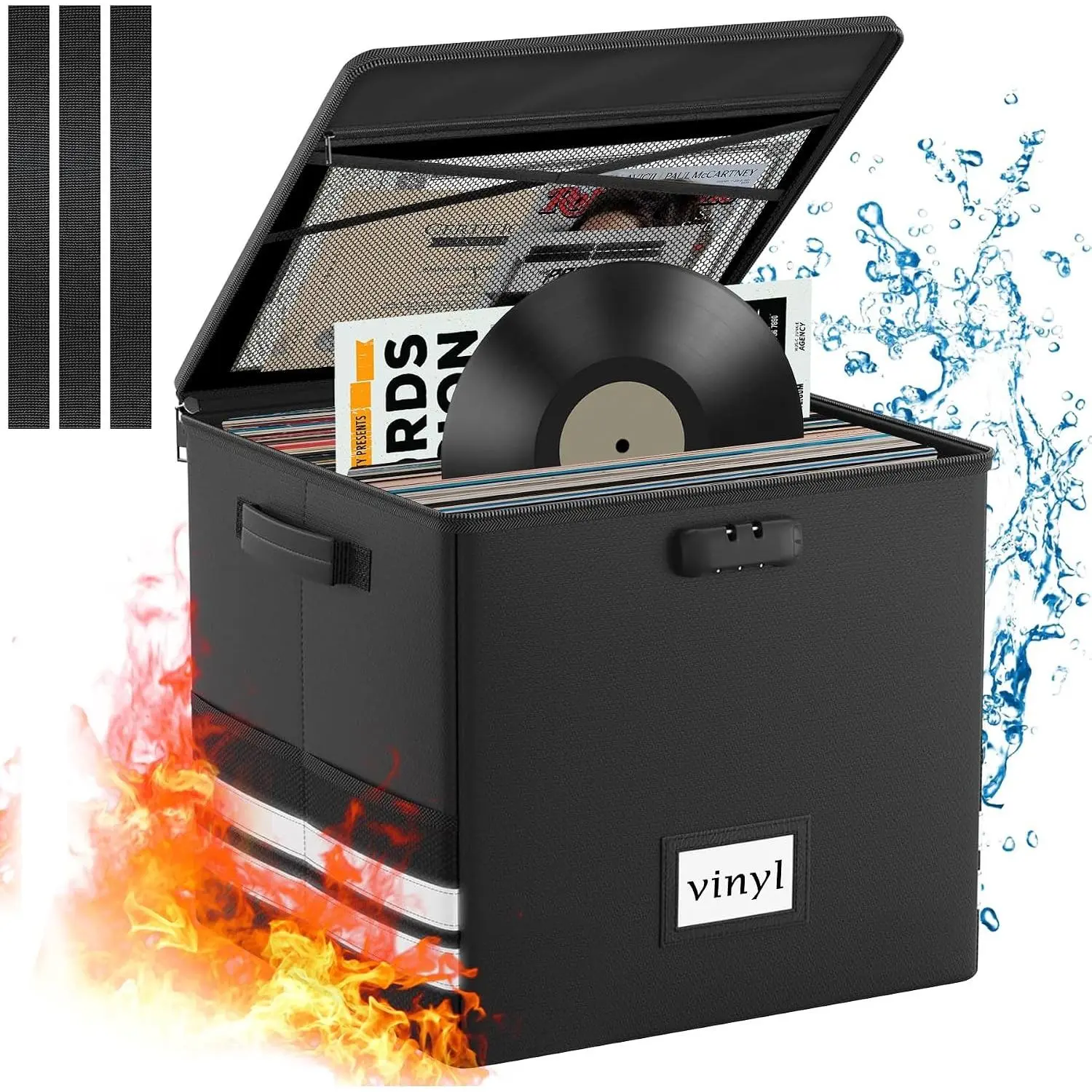 Large Fireproof Waterproof Lockable Vinyl Record Storage Box, Collapsible Organizer with Handles Holds 150+ 12 inch Records for Album Collection, Black