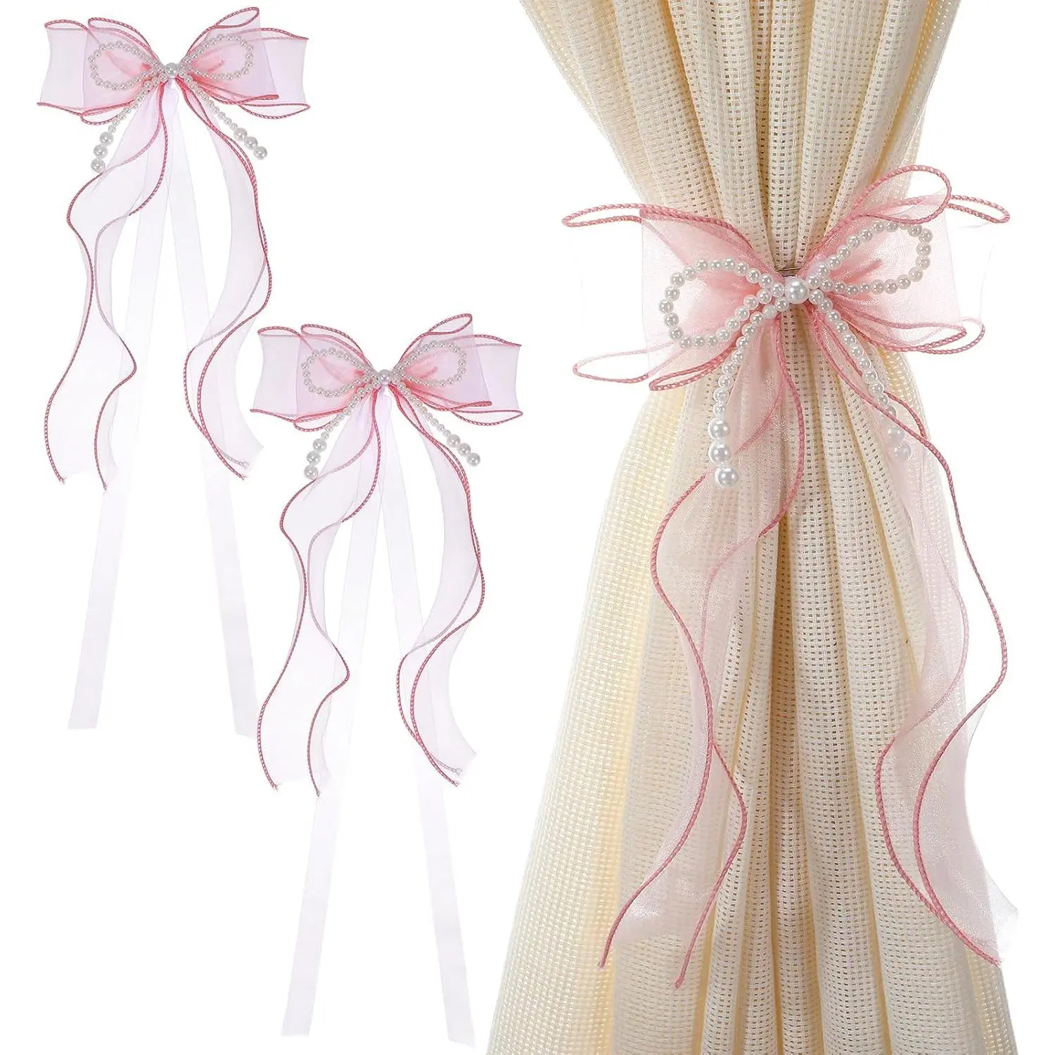 2 count  Bow Curtain Tiebacks, Lace Ribbon Curtains Tie Backs for Room Decor  Bedroom Living Women Girls Window Wedding Party Decor Accessories