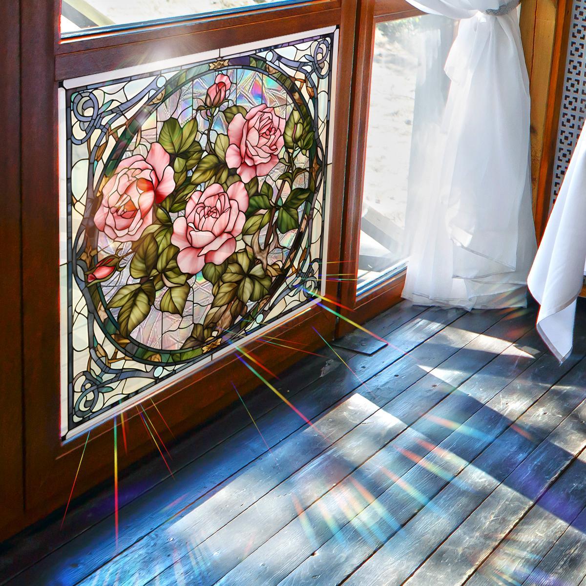 Rose Pattern Window Sticker, 2 Counts/set Double Sided Visual Window Decal, Decorative Sticker for Home Window Glass Door, Sticker Decorations, Self Adhesive Film, Floral Pattern Sticker, Window Decorations Supplies
