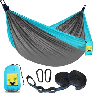Camping Hammock Double & Single Portable Hammocks with 2 Tree Straps and Attached Carry Bag,Great for Outdoor,Indoor,Beach,Camping,Light Grey / Sky Blue