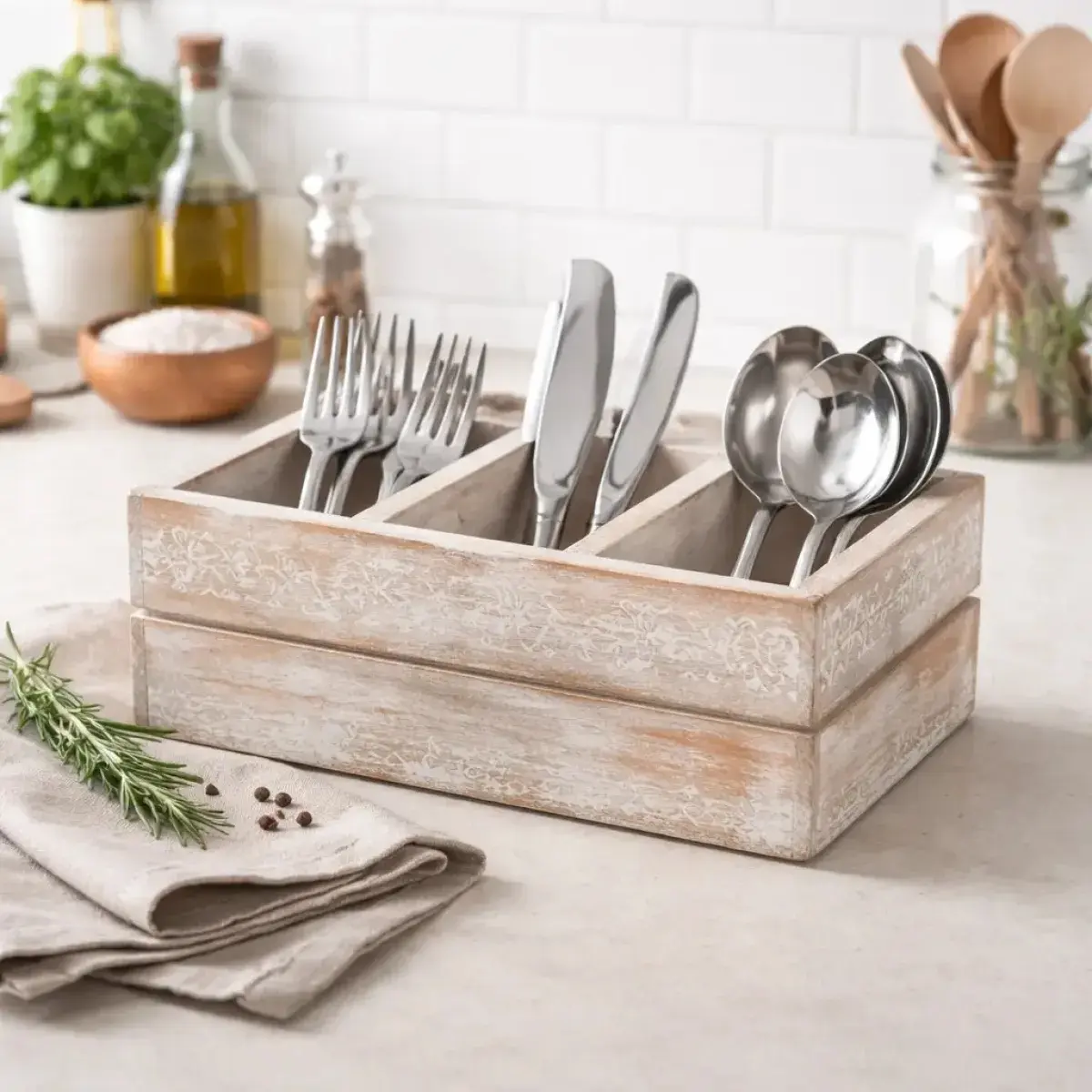 Natural Mango Wood Cutlery Holder Hand Carved Artisan Crafted Unique Design Functional Kitchen Organizer For Forks Spoons Knives Rustic Farmhouse Table Decor Home Dining Essentials