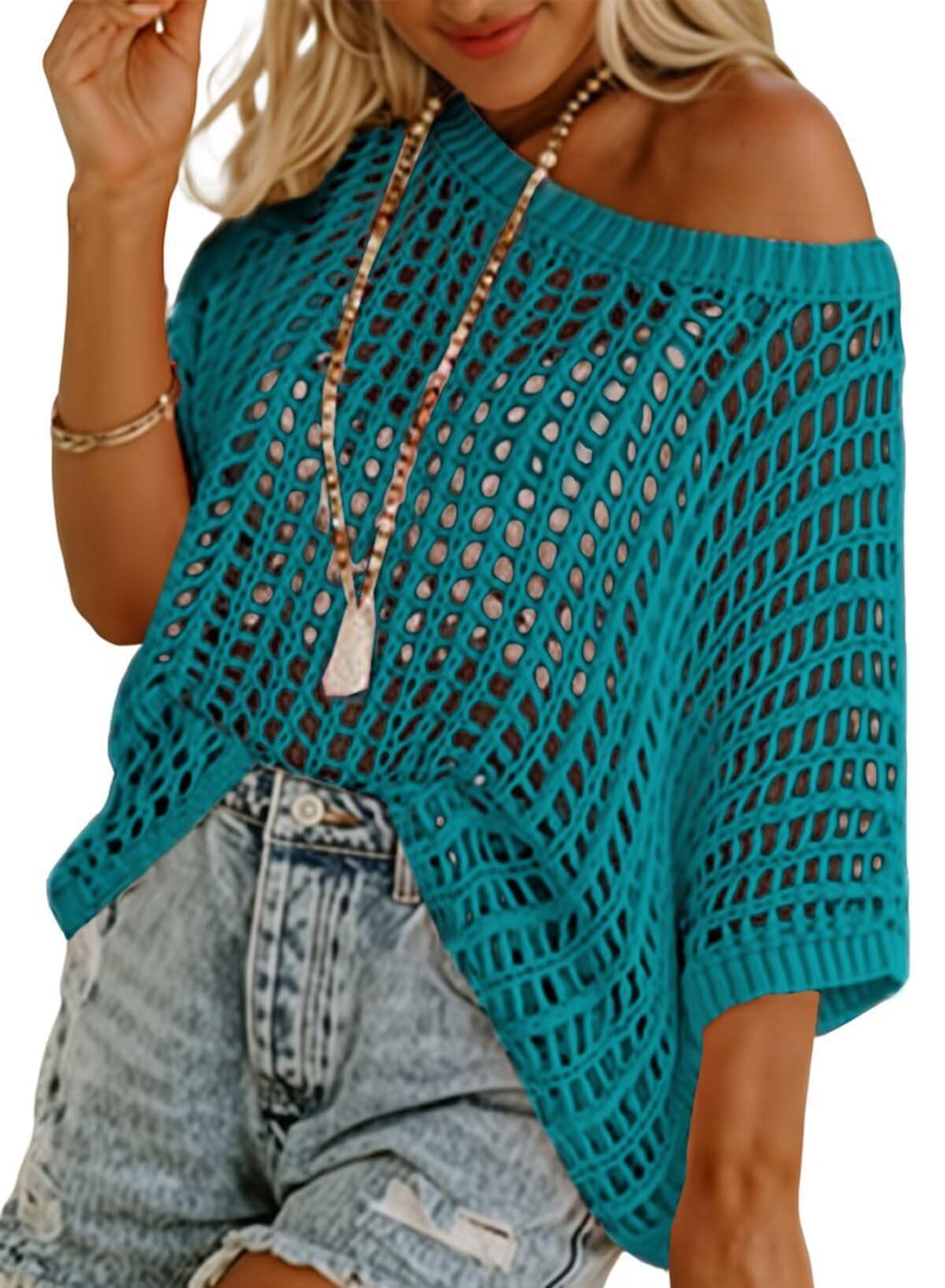 2026 summer five-quarter sleeve sexy hollow top pullover beach blouse knitted sweater women