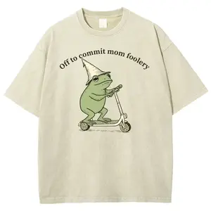 Funny Mom T-Shirt, "Off To Commit Mom Foolery" Frog Graphic Tee, Cute Mother's Day Gift Shirt, Washed Casual Short Sleeve Top