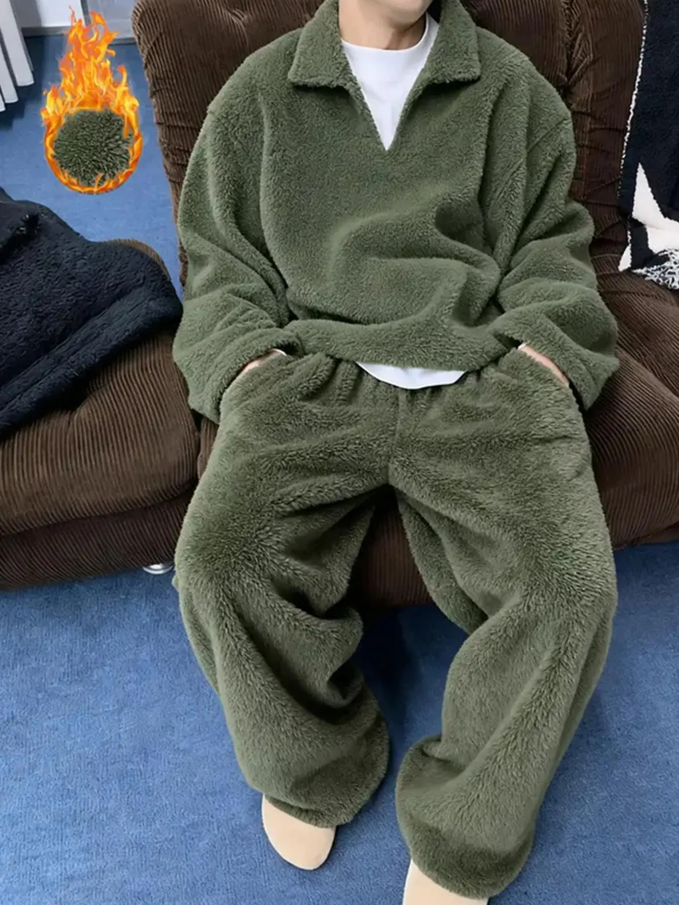 Men's Oversized Army Green Fleece Tracksuit Set, Soft V-Neck Collar Pullover Sweatshirt & Loose Straight Trousers Matching Outfit for Winter Airport & Chill Outfits