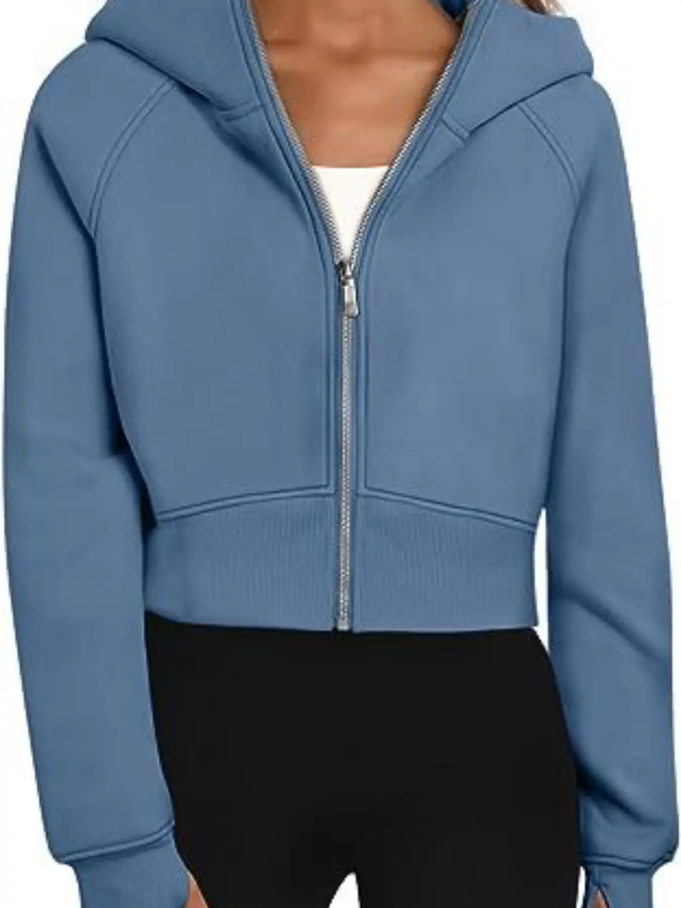 Women's Sleeveless Full-Zip Short Hooded Jacket, Thumb Hole Design, Casual Sporty Slim Fit Solid Color Top, Fall & Winter Outerwear