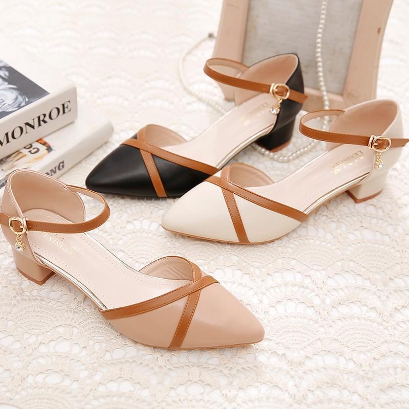 Women High Heeled Closed Toe Sandals Summer French Style Medium Chunky Heel Pointed Toe Ankle Strap