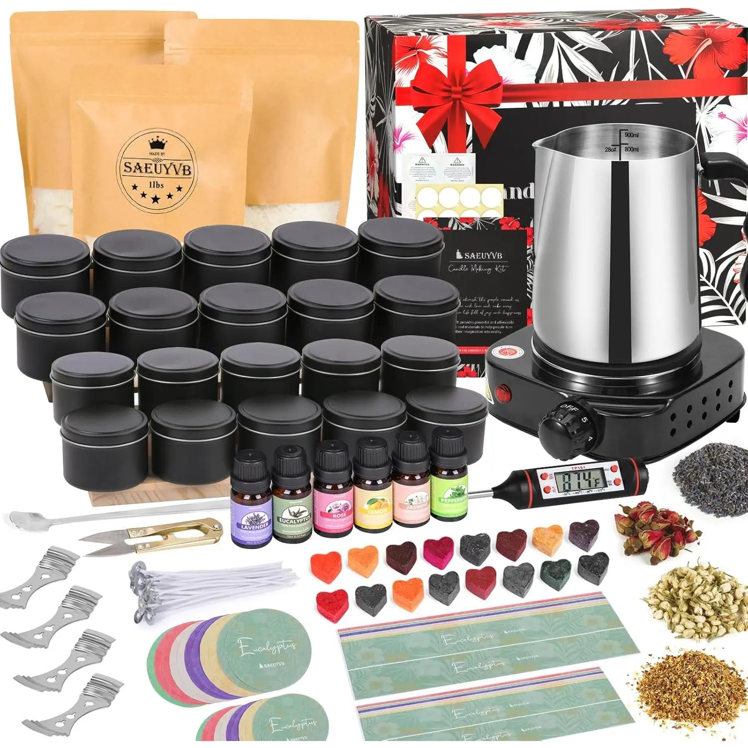 SAEUYVB Candle Making Kit, Candle Making Kit for Adults - DIY Starter Soy Candle Making Supplies-Including Soy Wax,Electric Stove,Melting Pot,Candle Wicks,Rich Scents,Stickers,Etc