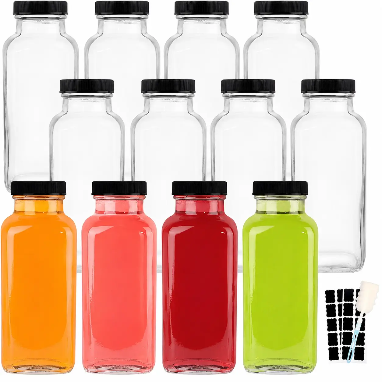 12-Pack 12 oz (360ml) Reusable Glass Drink Bottles with Lids, Kitchen Drinkware for Juice, Water, Kombucha