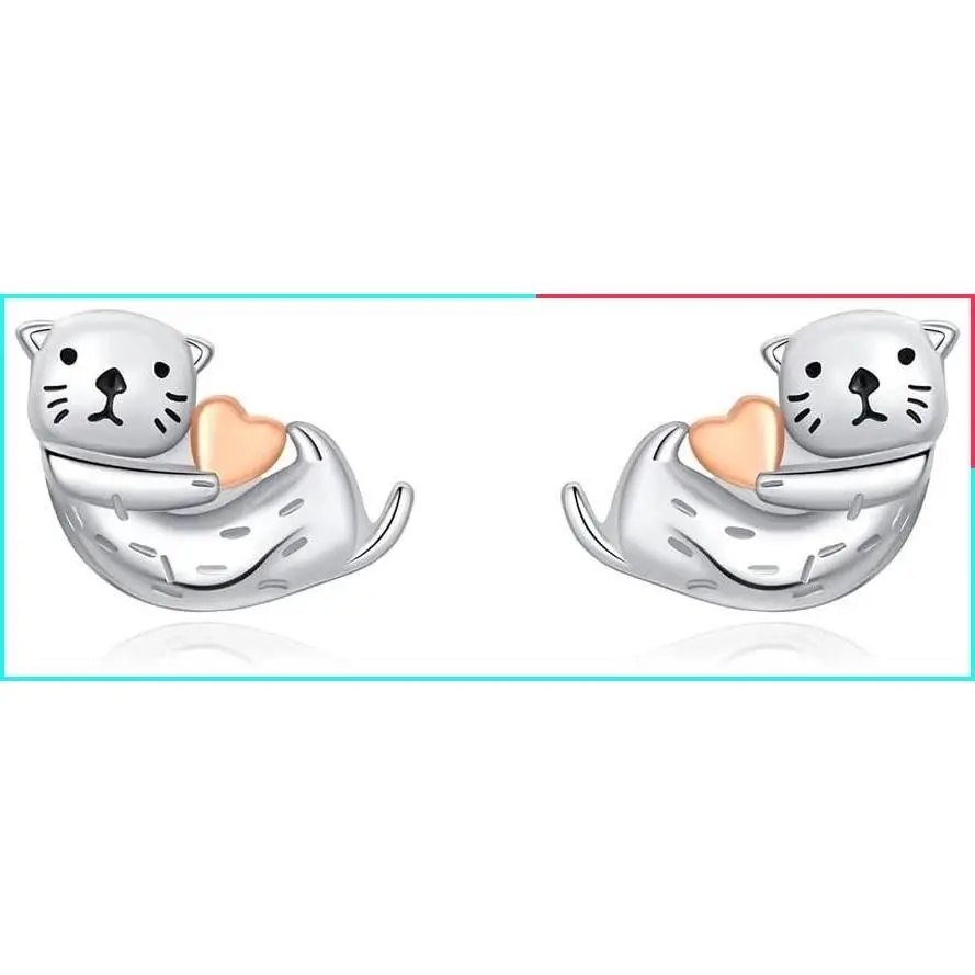 Sea Otter Stud Earrings 925 Sterling Silver Tiny Cute Animal Heart Cartilage Earrings for Women Delicate Jewelry Gift for Daughter Niece
