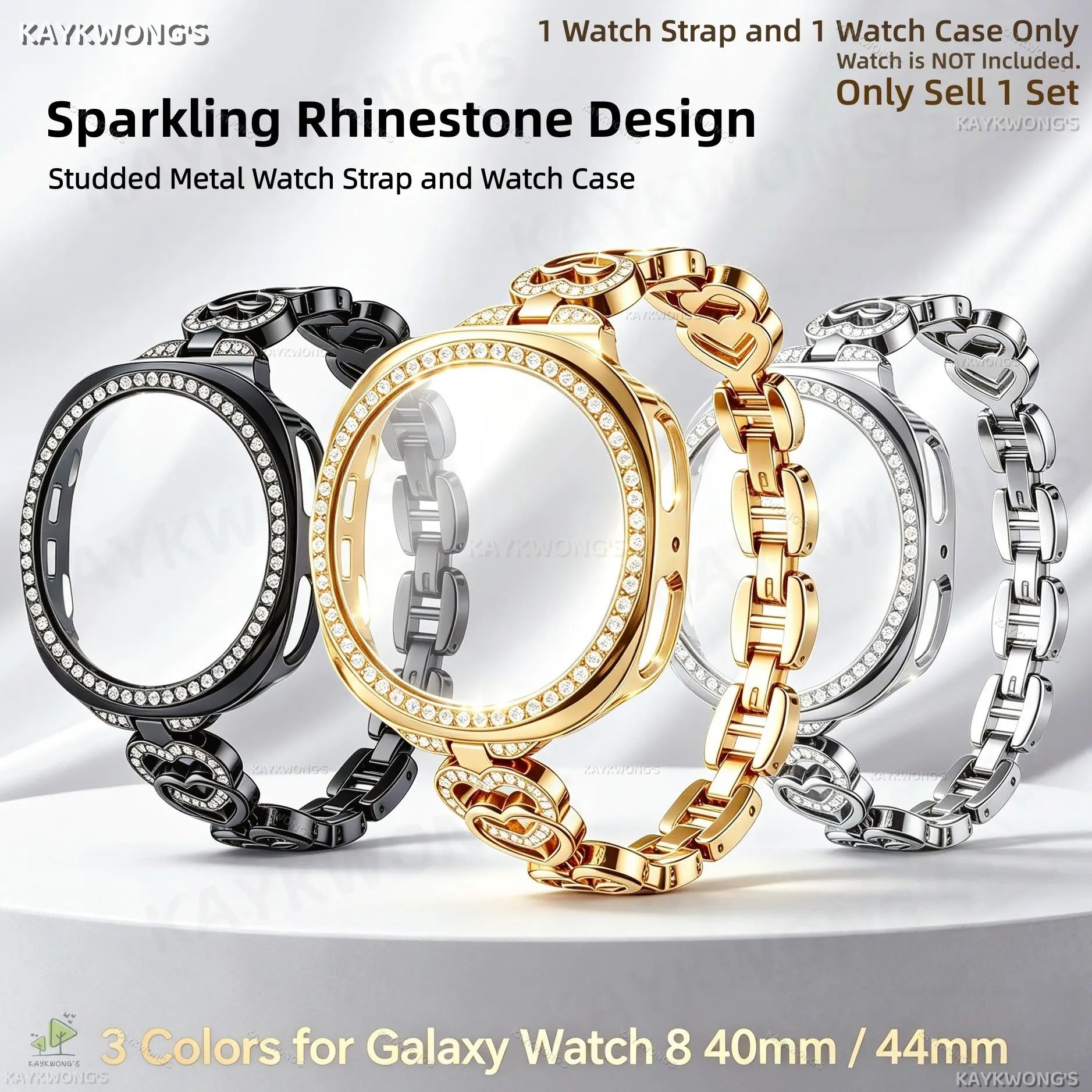 KAYKWONG'S Heart Link Rhinestone Watch Band With Single Row Crystal Hollow PC Bumper Case, Luxury Bling Diamond Decor Watch Strap & Protective Frame Set For Women, Smartwatch Accessories, Fit for Samsung Galaxy Watch 8, 40mm/44mm Size
