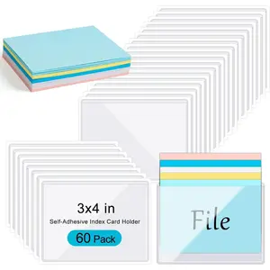 60 Pack Self-Adhesive Index Card Holder 3x4 in Clear Label Holder with 60 Sheets Colorful Index Cards Plastic Index Card Holder with Top Open for Library Office  Business Storage Bin