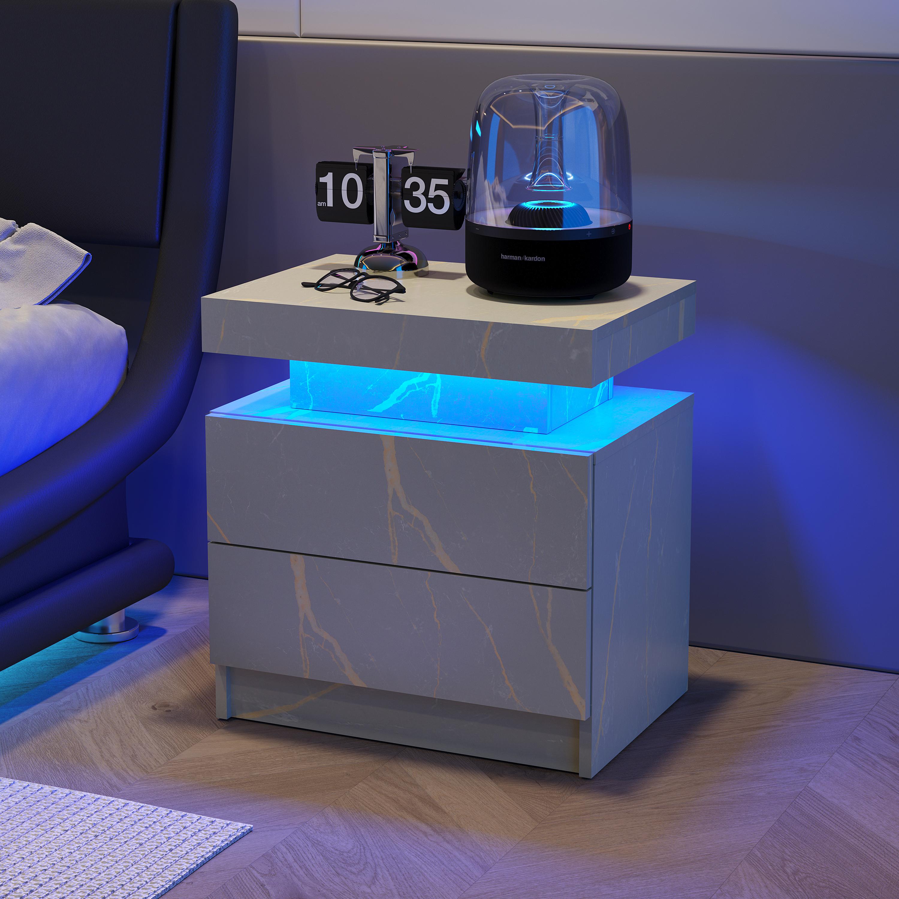 Bedroom Nightstand with 2 Drawers and 16-Color Adjustable RGB LED Lights, Modern Bedside Table Storage