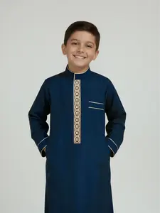 Muslim Boy Blue Thobe, Embroidered Stand Collar Long Sleeve with Side Pockets, Suitable for Ages 8-12, Daily Wear, Eid, Father's Day Gift