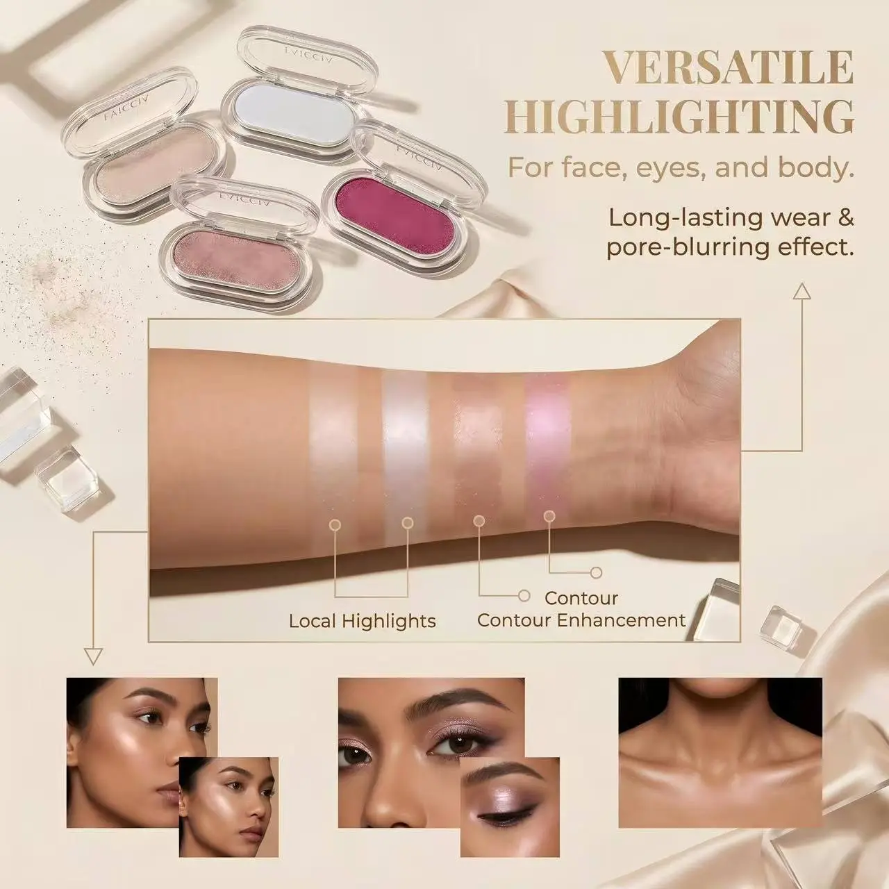 FAICCIA Snow-Mist Starlight Multi Highlight features snow-fine powder without chunky glitter, silky blendable texture with soft focus effect to blur pores, Multiple shades including silver, champagne fit all skin tones, Face Body Highlighter