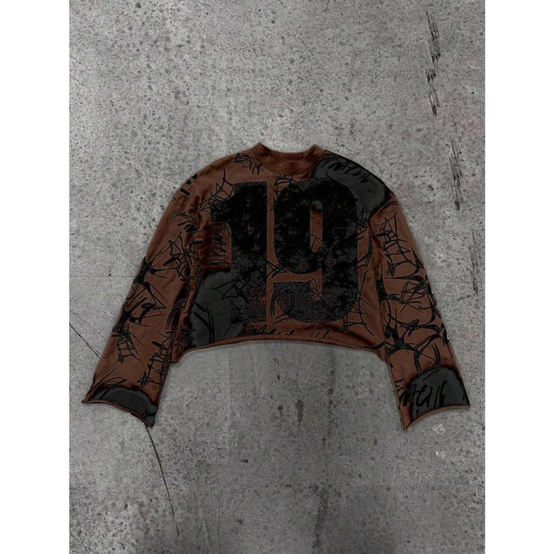 BIGWIG Y2K Men's Long Sleeve Shirt with Bold 19 Letter Print and Artistic Graffiti Design - Streetwear-Inspired Casual Top with Oversized Sleeves, Trendy and Comfortable for Everyday Style