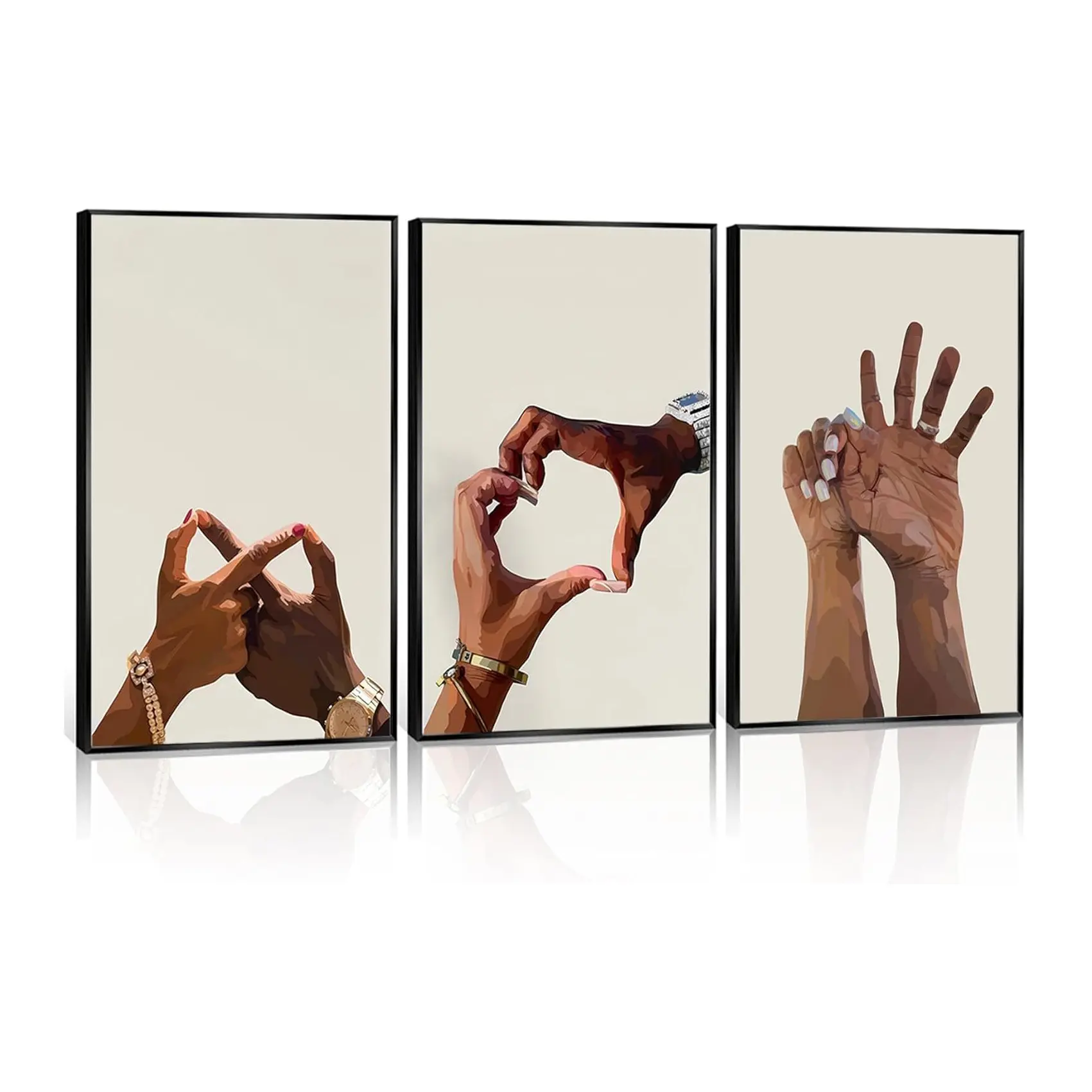 3Pcs Black Couple Wall Art Holding Hands Heart Love Wall Decor Afro Women Men Canvas Poster Prints for Living Room Bedroom Bathroom Decoration Unframed
