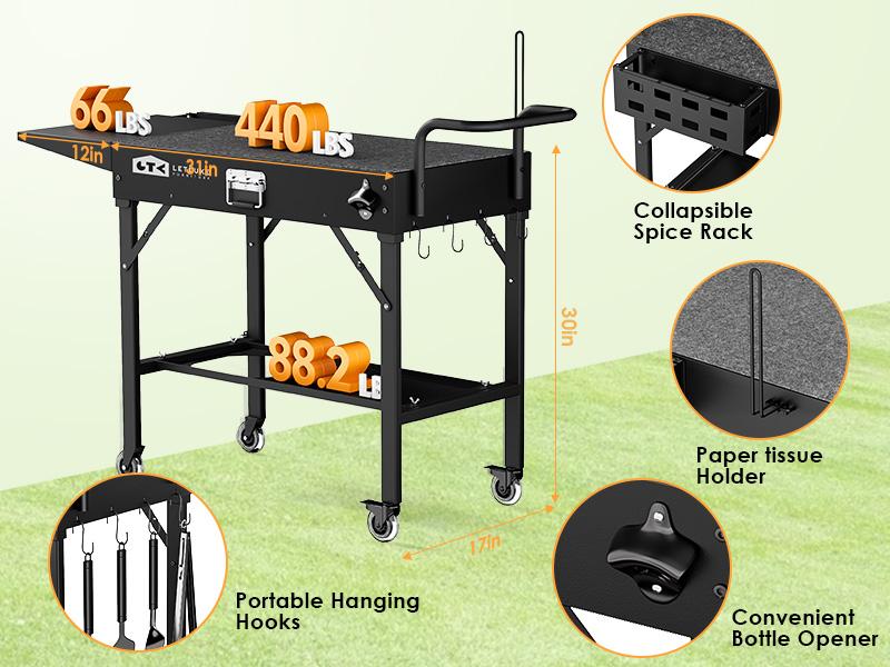 Leteuke Grill Cart for Blackstone Griddle, Portable Outdoor Grill Table, Foldable Cart Table with Wheels for Ninja Grill, Grill Cart Fit 17 Inch Or 22 Inch Griddle, BBQ Prep Table with Seasoning Tray camping furniture picnic Barbecue