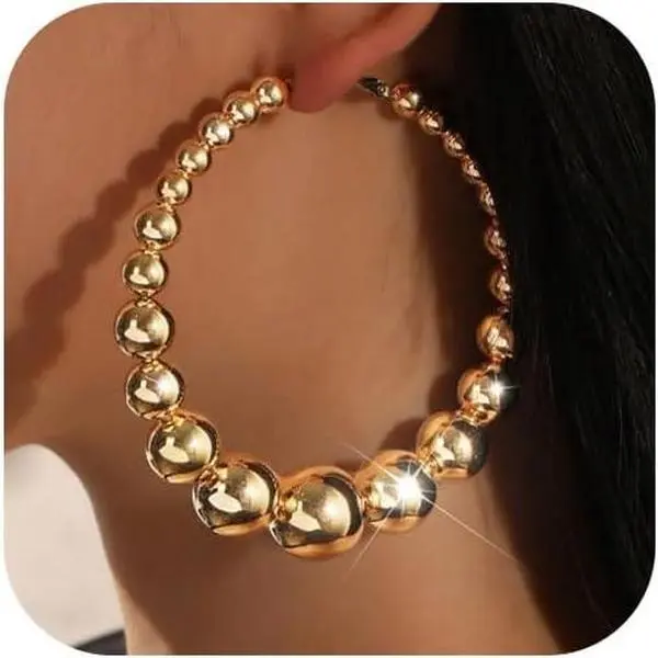 Chunky  Beaded Hoop Earrings for Women  Large Circle Balls Beads Dangling Hoops Earring Exaggerated Big Round Ball  Formal Accessories