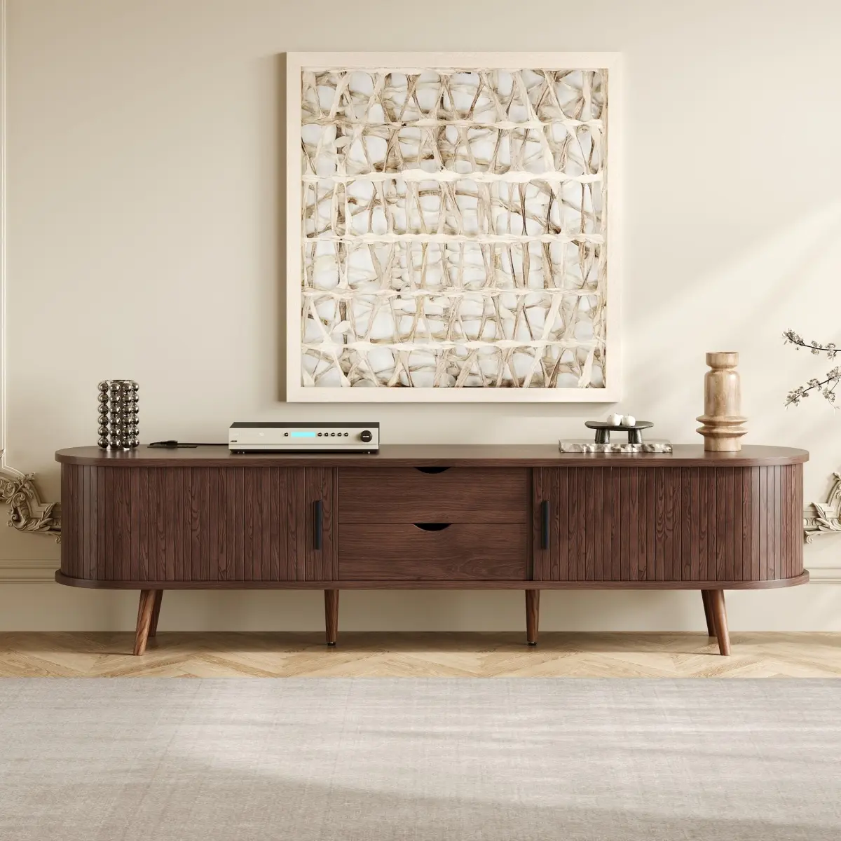 Retro Walnut TV Stand with Built-in Charging Station, Mid-Century Fluted Tambour Doors Media Cabinet with 2 Drawers for Living Room