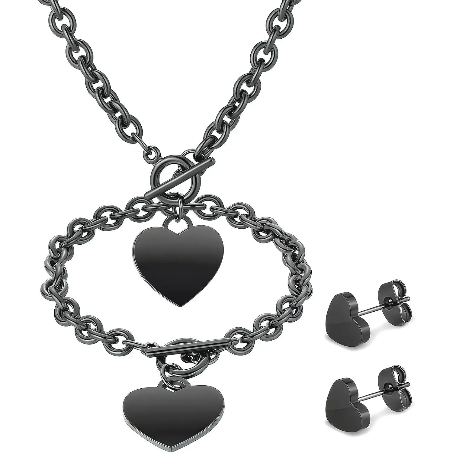 3 count Heart  Set Bow  Heart Chain Toggle Necklace with Bracelet Earring Stainless Steel for Women