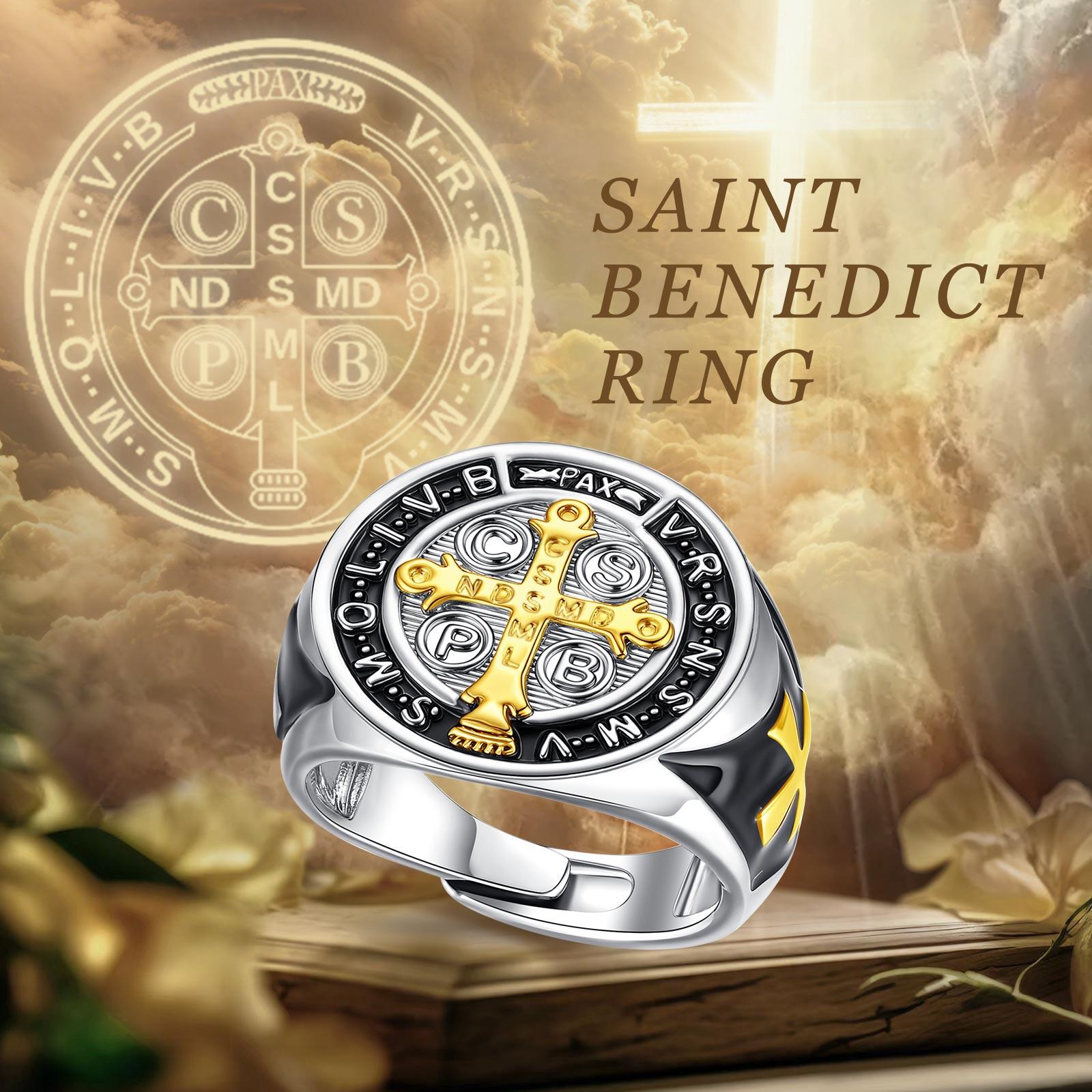 Eudora Saint Benedict Ring, Silver-Plated Protective Statement Ring, Vintage San Benito Cross for Men Adjustable Religious Jewelry