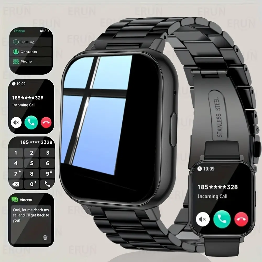 1.83-Inch Smartwatch with Full Touchscreen, Wireless Calling, Sport Mode, Stainless Steel Band, USB Charging, Compatible with iPhone/android