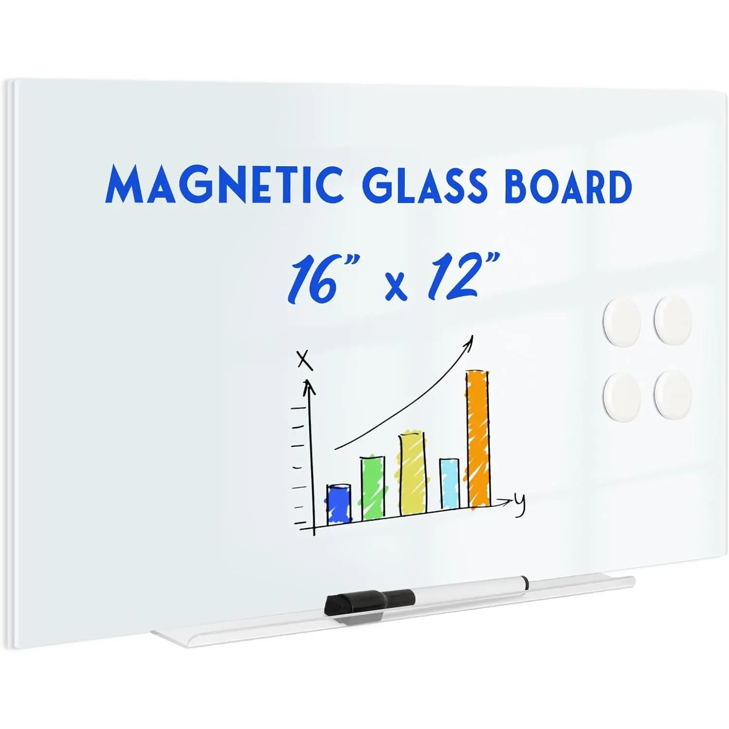 Tempered Glass Whiteboard, 16" x 12" Frameless Sleek Wall Mount, Smooth Wipe Dry Erase Board for Office & Classroom, Includes 1 Marker Tray and 4 Mounting Hardware