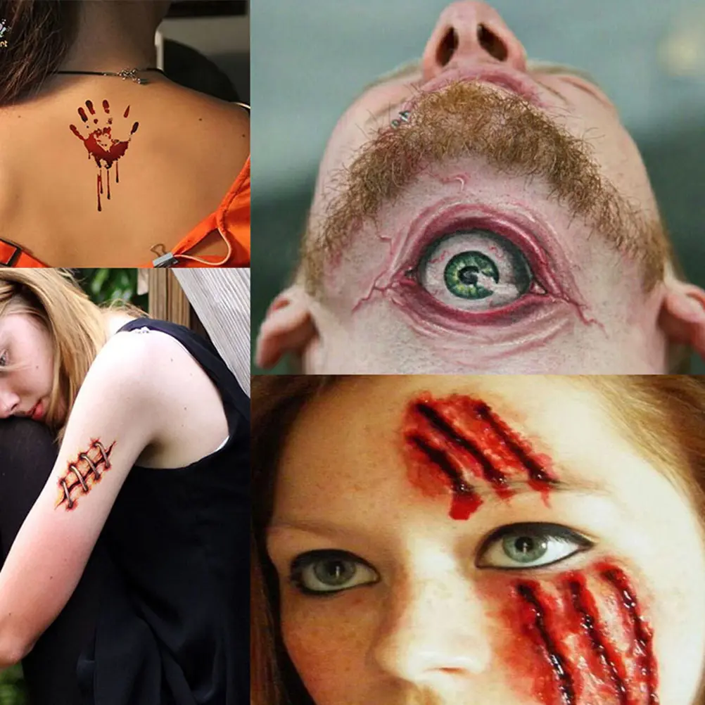 Temporary Scar Tattoos Stickers Realistic Bloody Wound Scab Horror Body Face Decals Prank Props for Halloween Cosplay