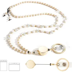 Retractable Lanyards for ID Badges and , Beaded Lanyards for Women Cream , Cute Teacher Lanyard Apricot