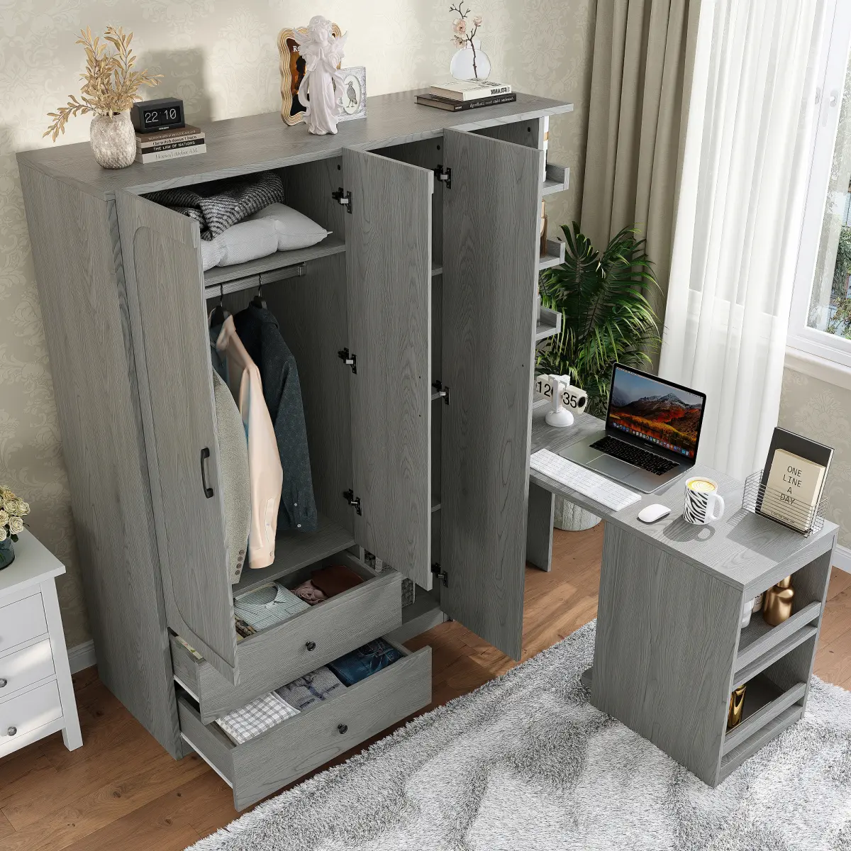 Aobtkel 2-Door Wooden Double Wardrobe - 43.7''x18.9"x68.9", 264.55 lbs Capacity, 88 lbs Weight, Hanging Rod, Convertible Desk, Drawer Organizer, Expandable Foldable Storage Unit, Assembly Required for Bedroom, Cloak Room, Closet Storage, Laundry Room, Adj