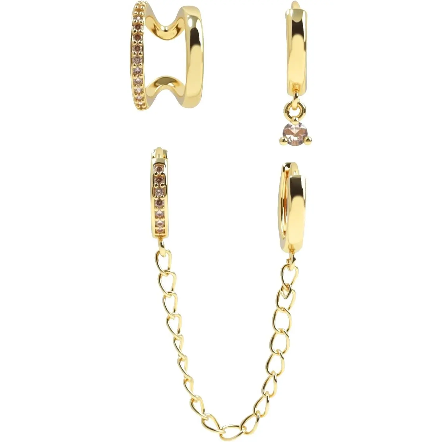 3 count Huggie Hoop Earrings Set for Women, 14K  Dainty Plated  CZ & Chain Charm Hoops,  Lightweight Chain Drop Cartilage Earring for Multiple Piercings Fashion Womens