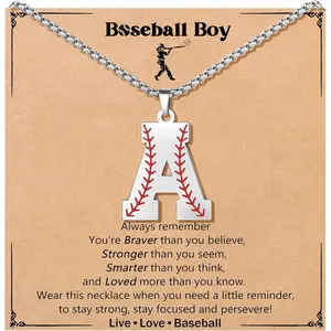 Baseball Initial Necklace for Teen Boys, Stainless Steel A-Z Letter Pendant with Adjustable Length Chain, Sporty Jewelry, Boy Gifts for Son & Grandson