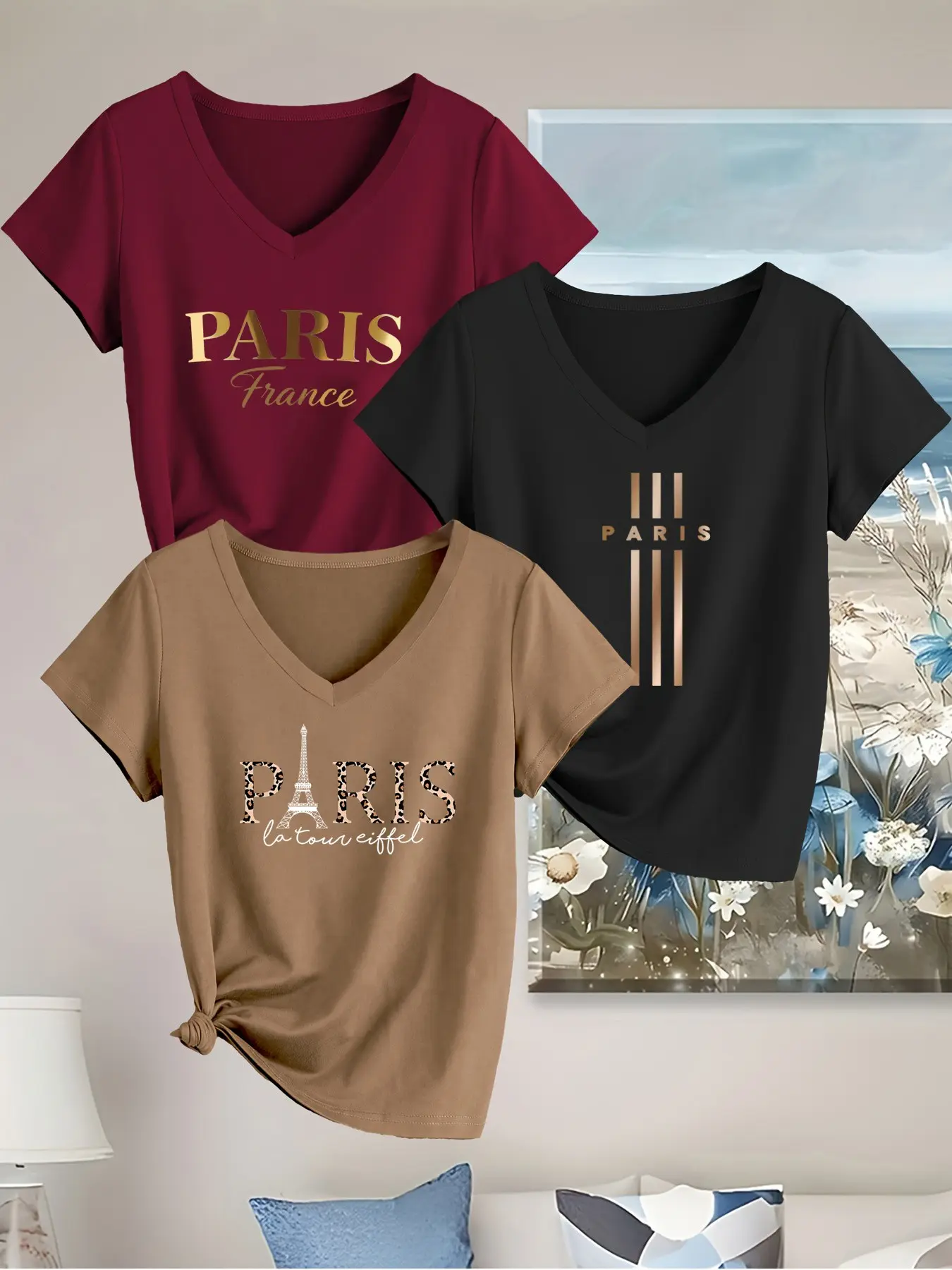 New European and American Fashion Women's Three-Piece Set, V-Neck Short Sleeve, Letter Leopard Print, Casual Summer Top, All Seasons Wear