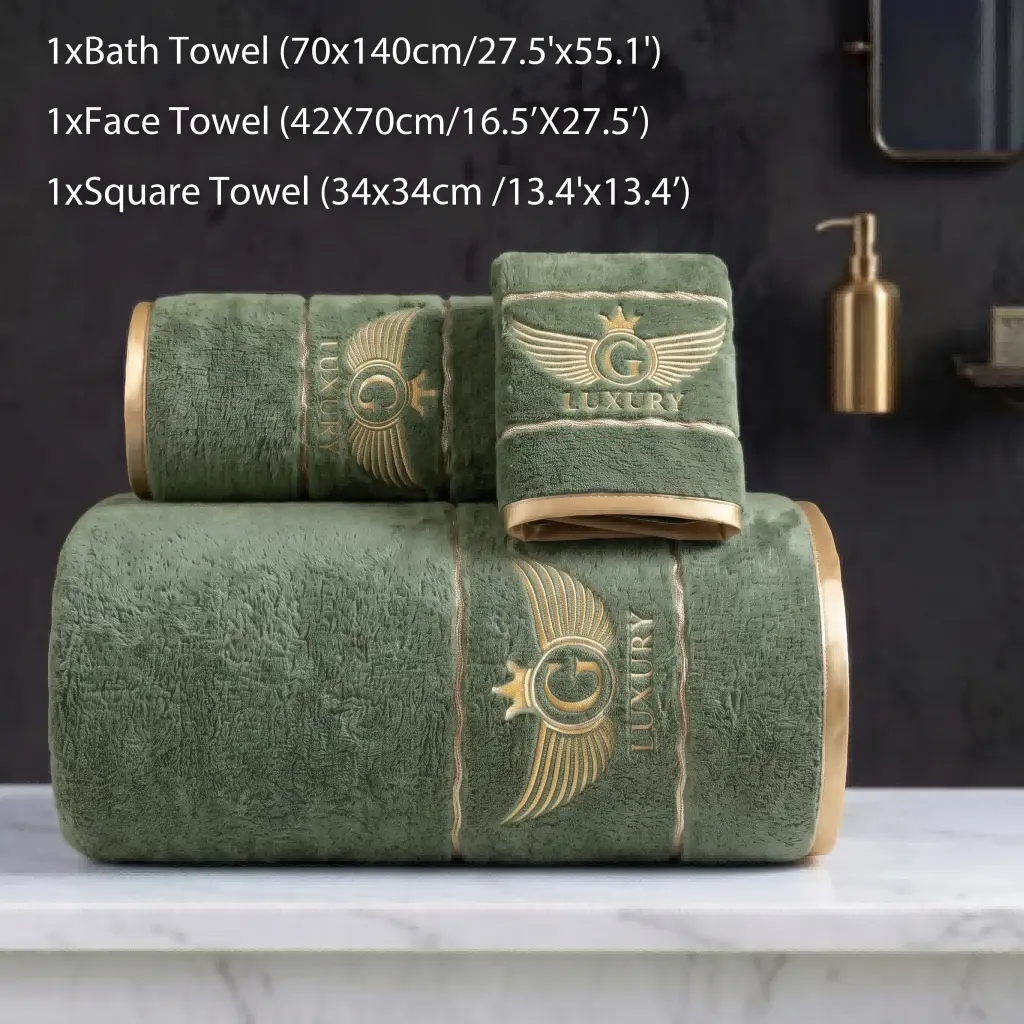 3-Piece Coral Fleece Towel Set featuring gold-trimmed embroidery and striped texture. Includes a hand towel (34 x 34 cm), a face towel (34 x 75 cm), and a bath towel (70 x 140 cm). Soft, quick-drying, and highly absorbent, this set is ideal for home, hote