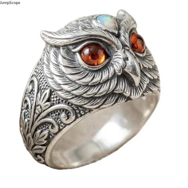 Unisex 3D Sculpted Owl Head Statement Ring - Antiqued Silver-Plated, Amber Eye, Opal Accent, Scroll Leaf Engraved Band for Biker Gothic Daily Wear, Amber Eyes, Gothic Street