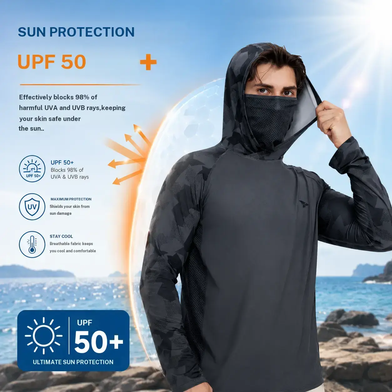 【RODEEL】915 Sun Hoodie Shirts w/ Mask Neck Gaiter Men UPF 50+ UV Protection Long Sleeve Lightweight Quick Dry Moisture Wicking Breathable Athletic Activewear for Outdoor Fishing Boating Hiking Construction Roofing Landscaping SummerWins